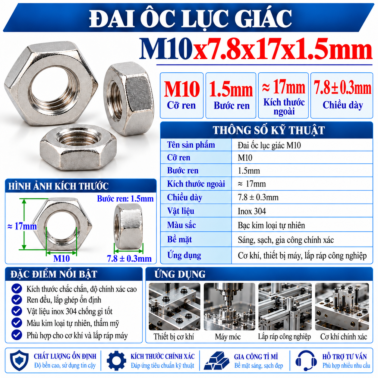 Đai Ốc Lục Giác M10x7.8x17x1.5mm