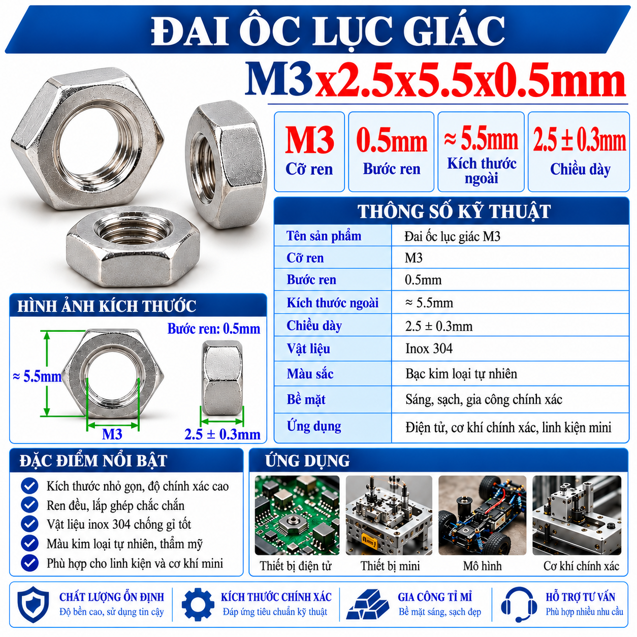 Đai Ốc Lục Giác M3x2.5x5.5x0.5mm
