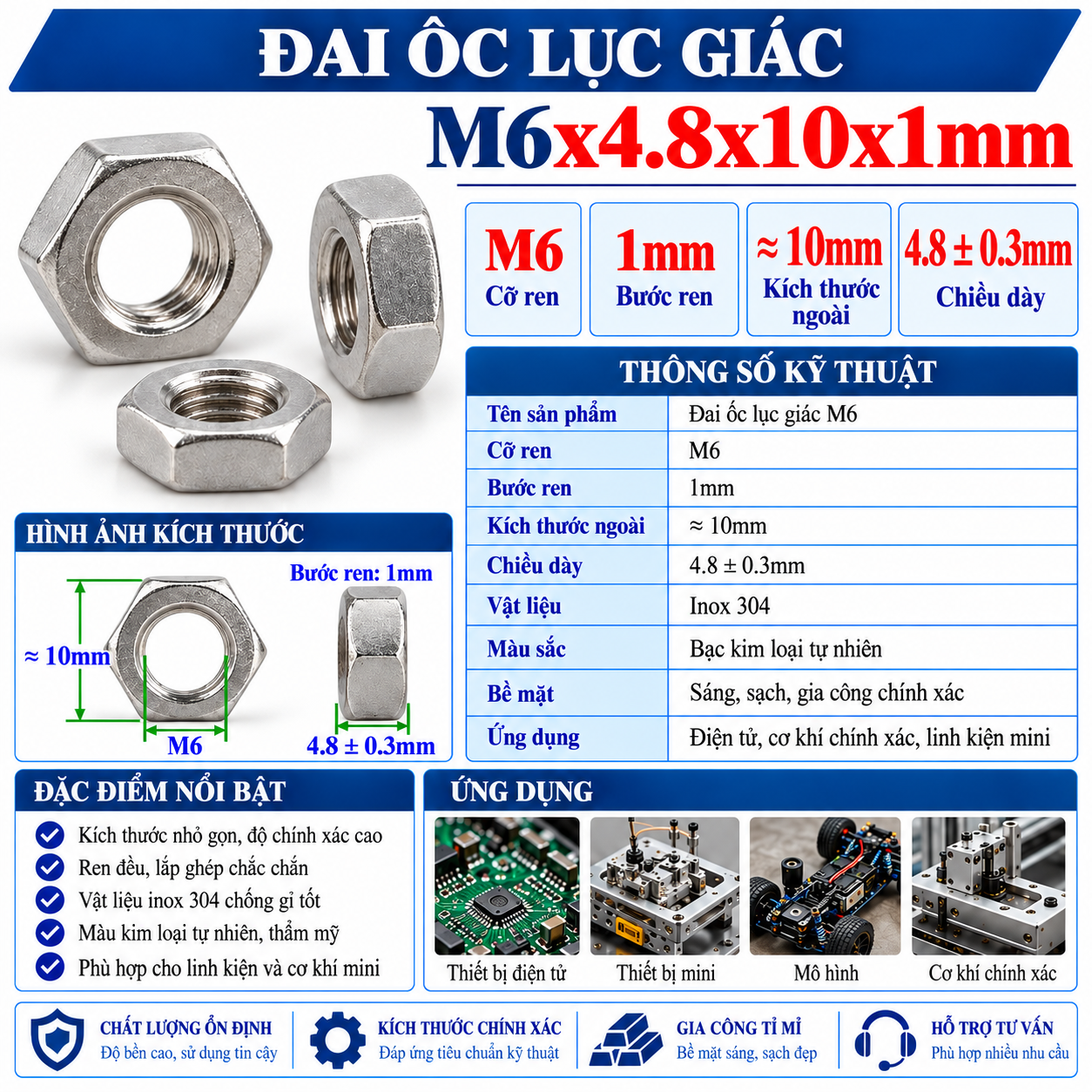 Đai Ốc Lục Giác M6x4.8x10x1mm
