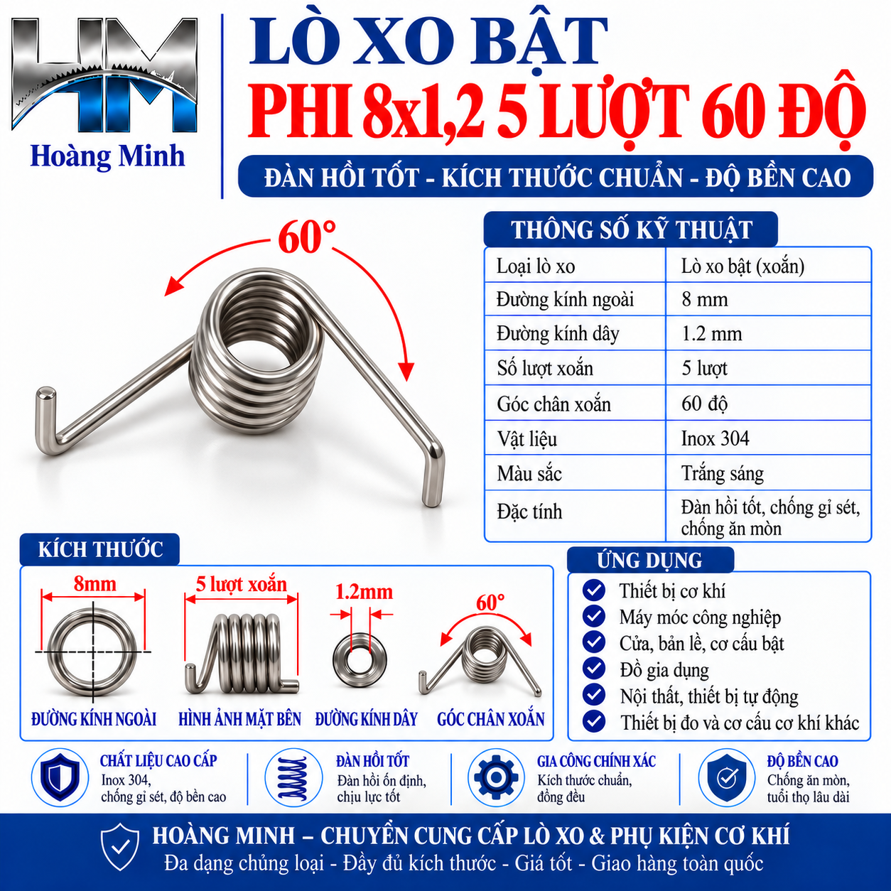 Lò xo bật phi 8x1,2x5 lượt 60 độ
