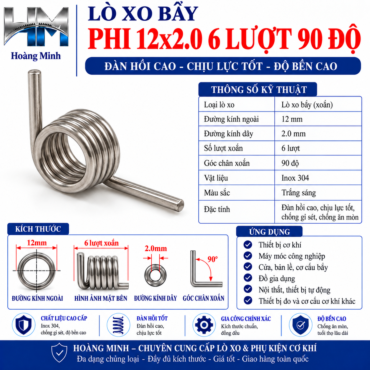 Lò xo bẩy phi 12x2.0x6 lượt 90 độ