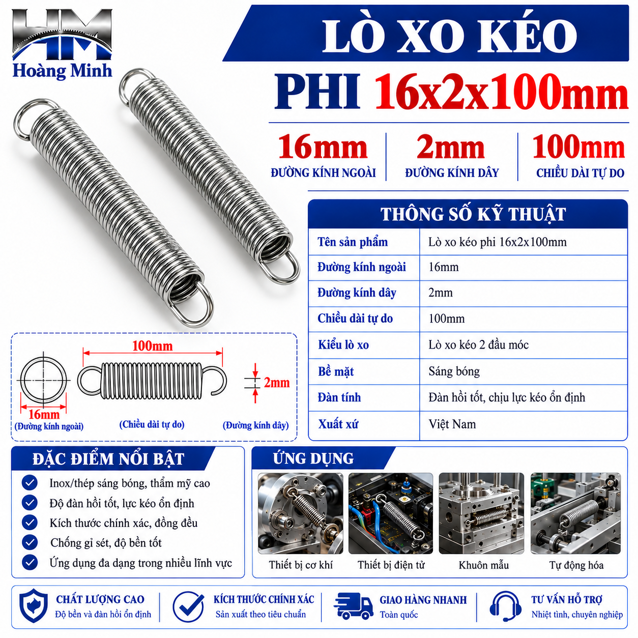 Lò xo kéo phi 16x2x100mm