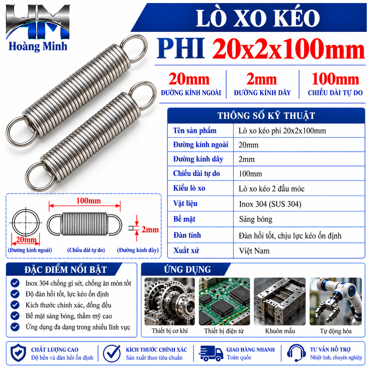 Lò xo kéo phi 20x2x100mm