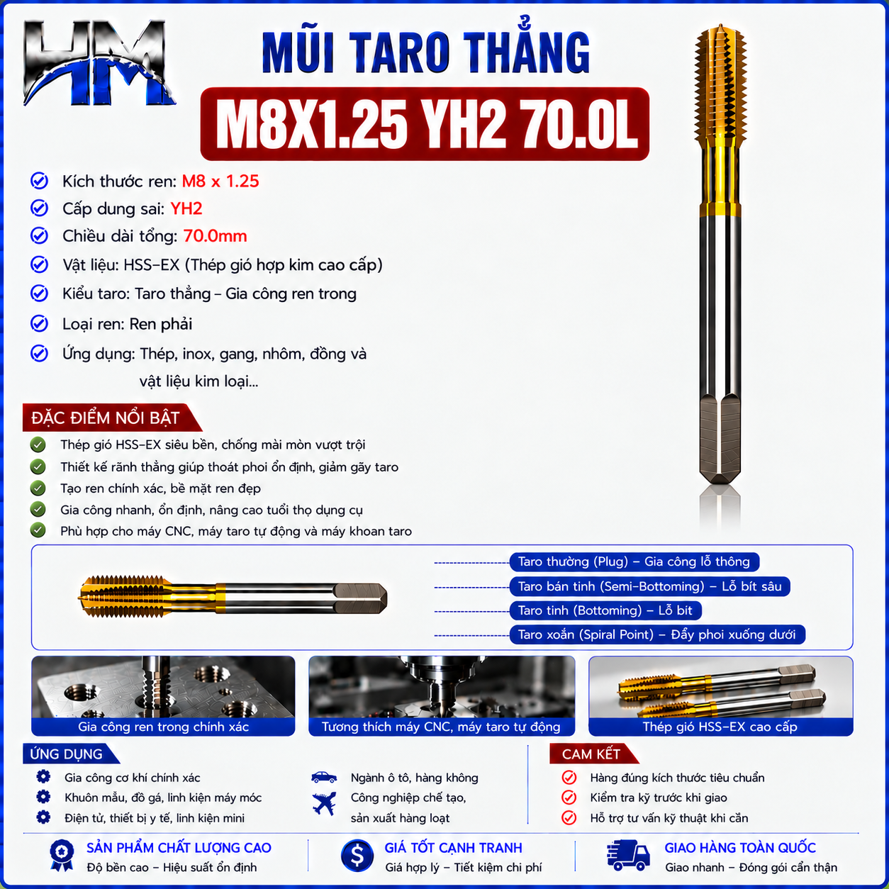 Mũi Taro Thẳng M8X1.25 YH2 70.0L