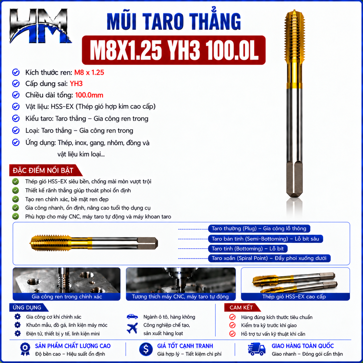 Mũi Taro Thẳng M8X1.25 YH3 100.0L