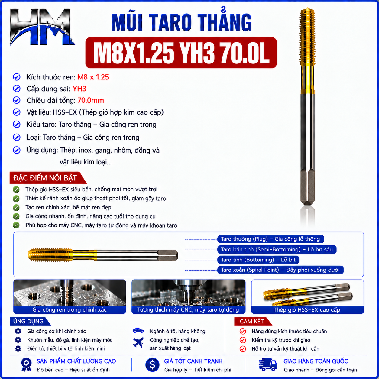 Mũi Taro Thẳng M8X1.25 YH3 70.0L