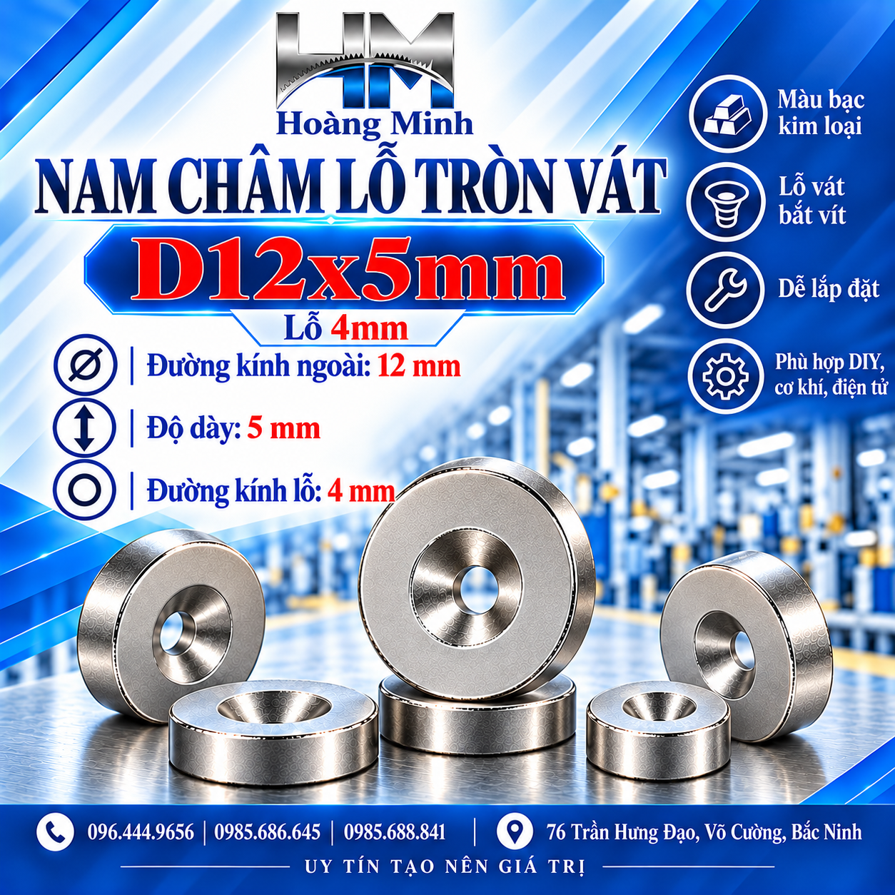 Nam châm tròn lỗ vát D12x5mm lỗ 4mm