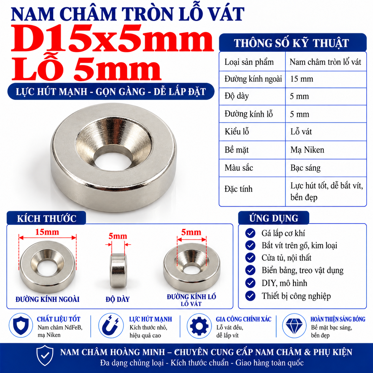 Nam châm tròn lỗ vát D15x5mm lỗ 5mm