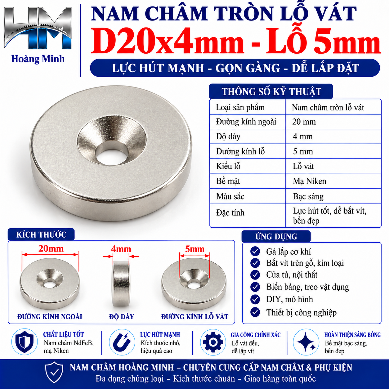 Nam châm tròn lỗ vát D20x4mm lỗ 5mm
