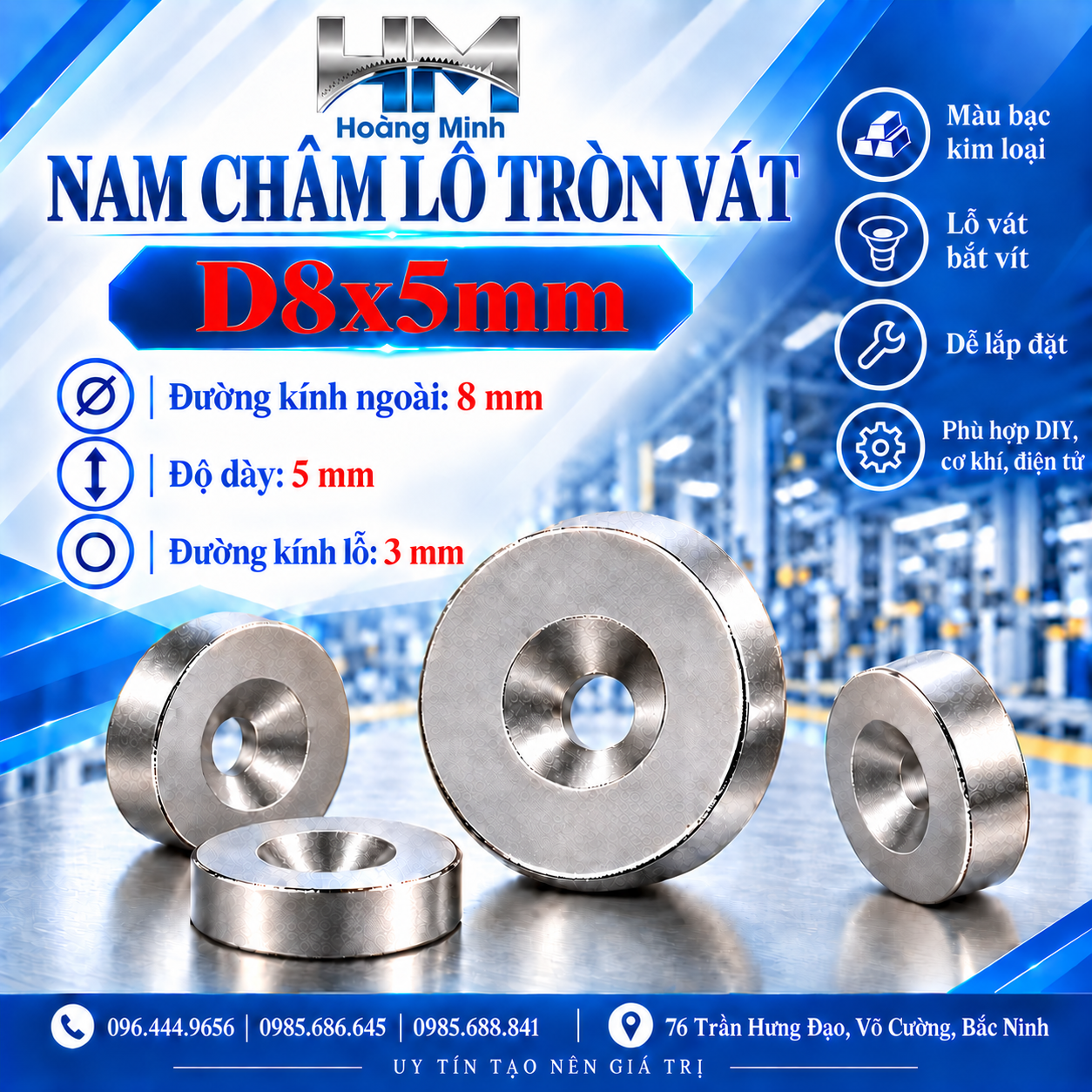 Nam châm tròn lỗ vát D8x5mm lỗ 3mm