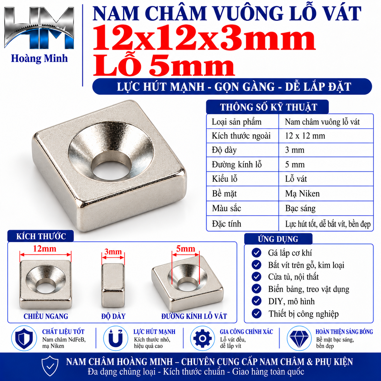 Nam châm vuông lỗ vát 12x12x3mm lỗ 5mm