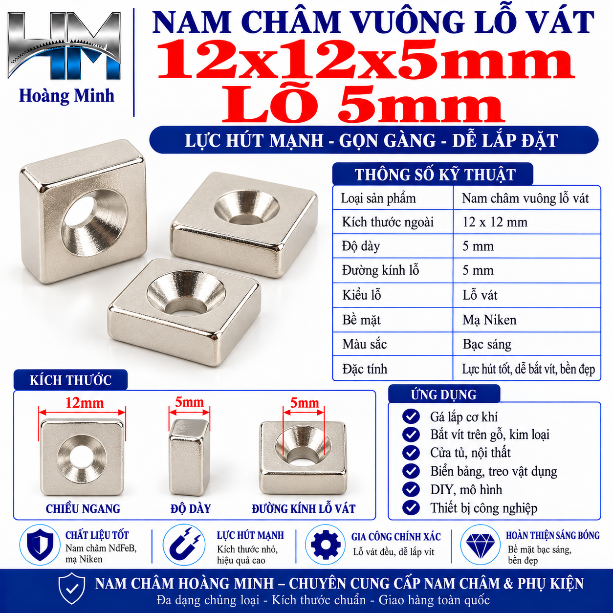 Nam châm vuông lỗ vát 12x12x5mm lỗ 5mm