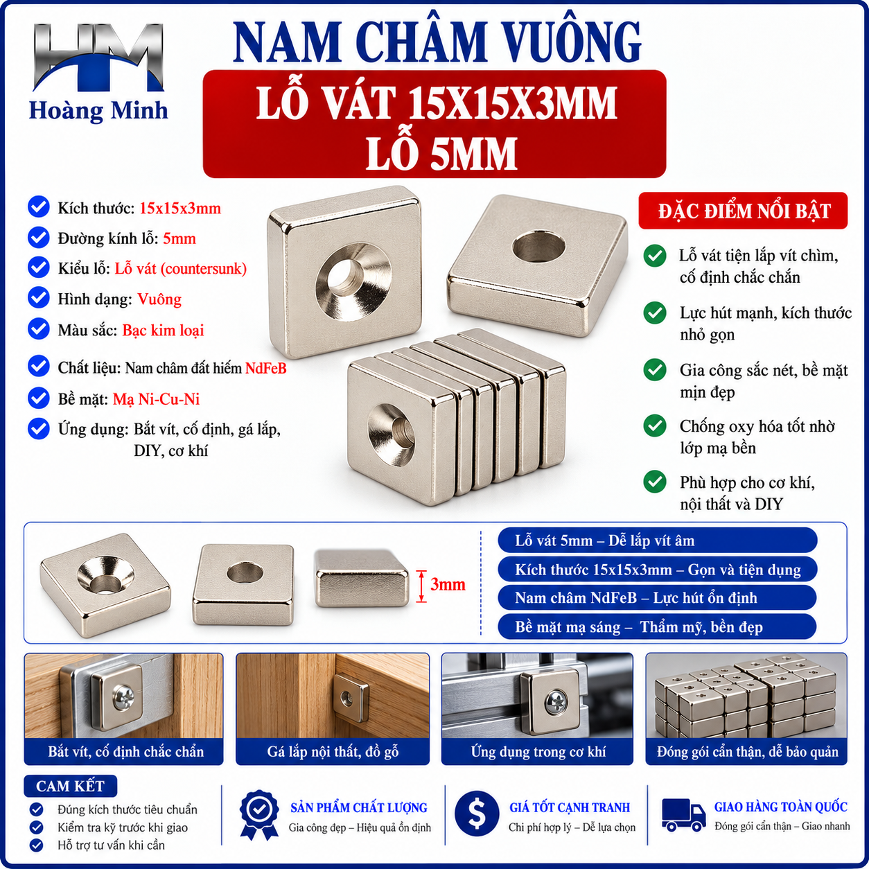 Nam châm vuông lỗ vát 15x15x3mm lỗ 5mm