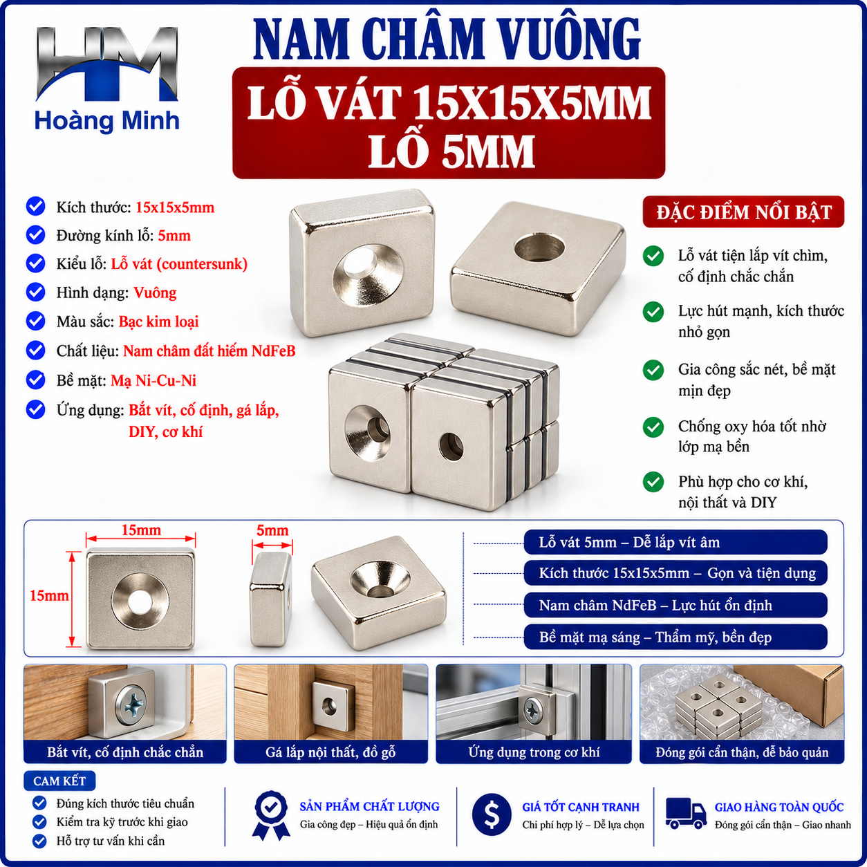 Nam châm vuông lỗ vát 15x15x5mm lỗ 5mm