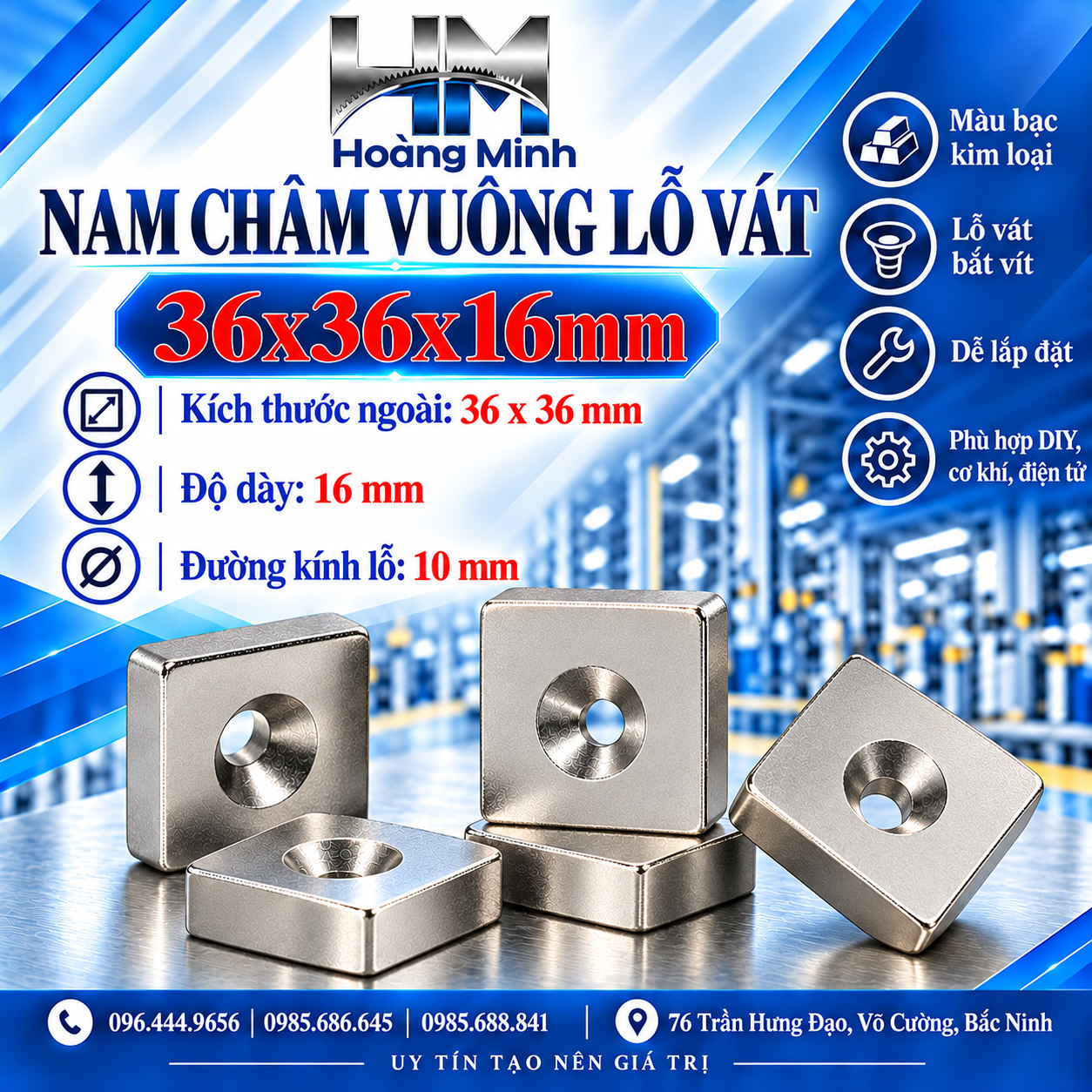 Nam châm vuông lỗ vát 36x36x16mm lỗ 10mm