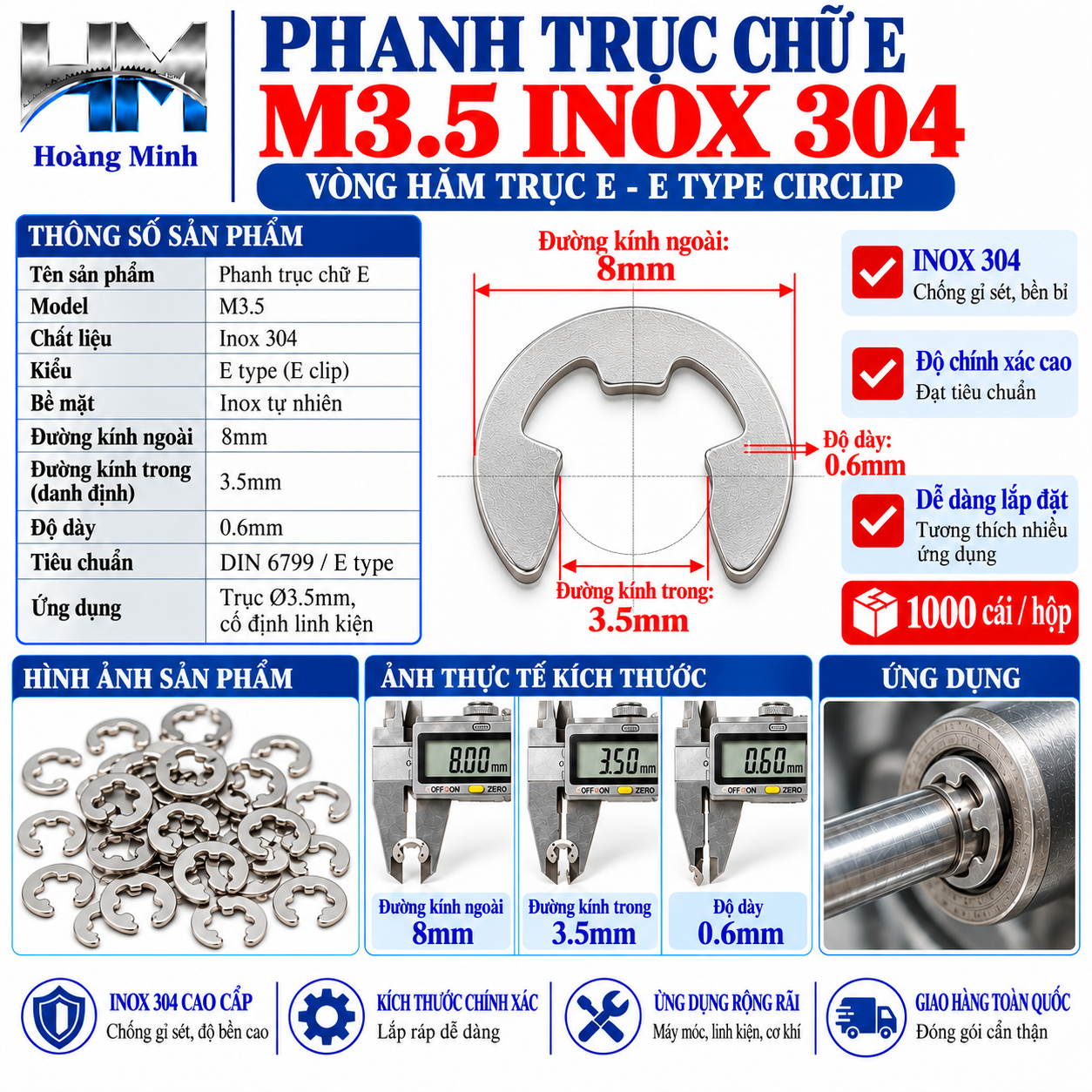 Phanh trục chữ e M3.5 inox 304