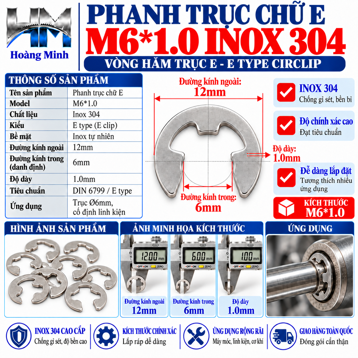 Phanh trục chữ e M6*1.0 inox 304