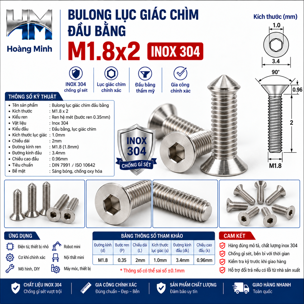 Bulong Lục Giác Chìm Đầu Bằng M1.8x2 Inox 304