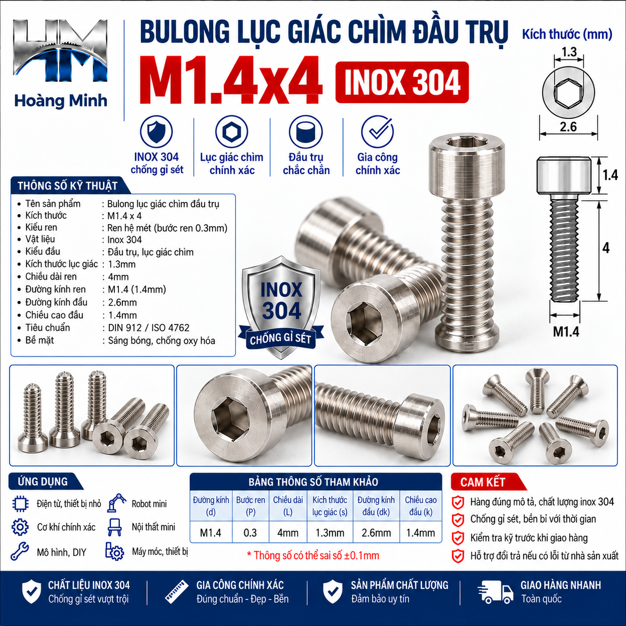 Bulong Lục Giác Chìm Đầu Trụ M1.4x4 Inox 304