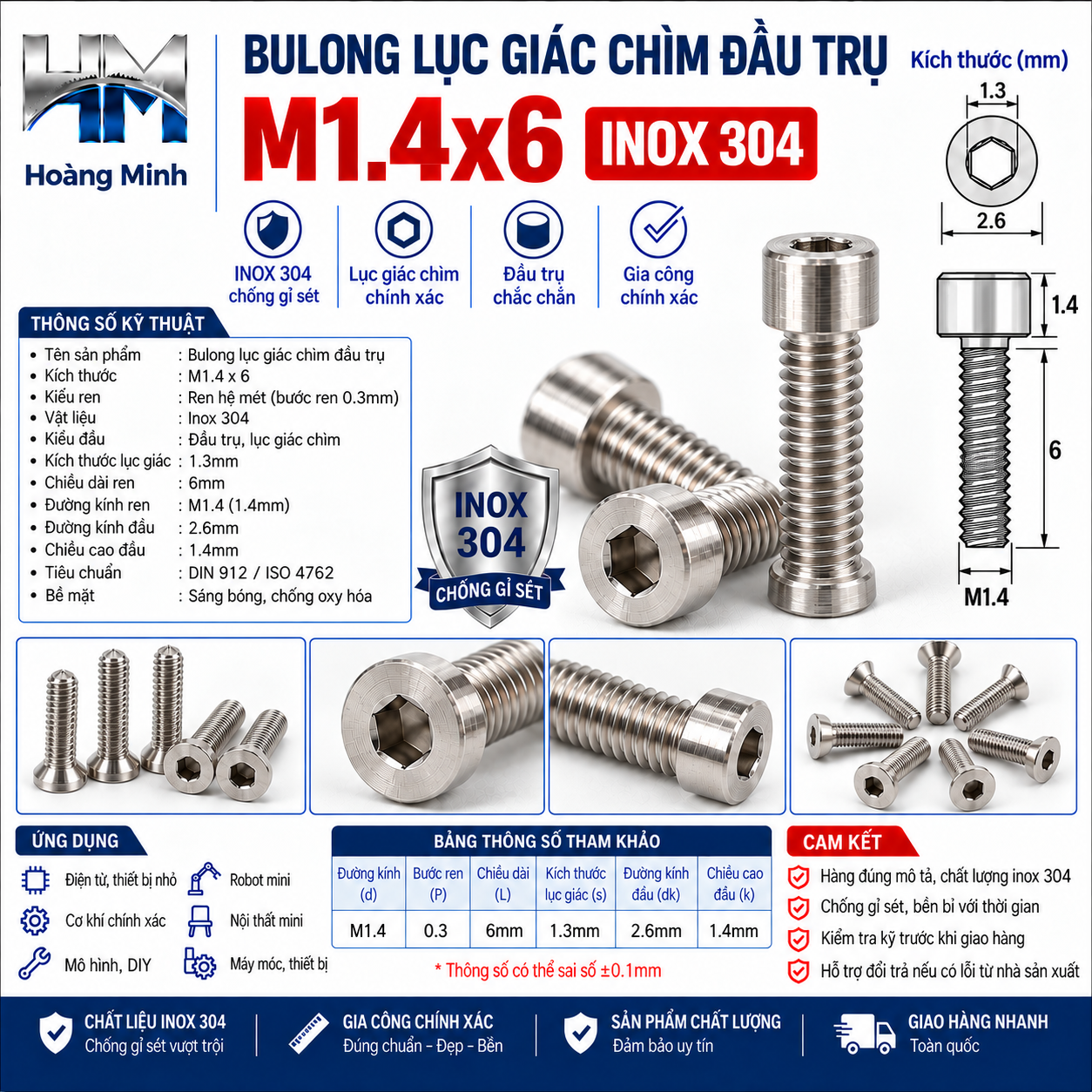 Bulong Lục Giác Chìm Đầu Trụ M1.4x6 Inox 304
