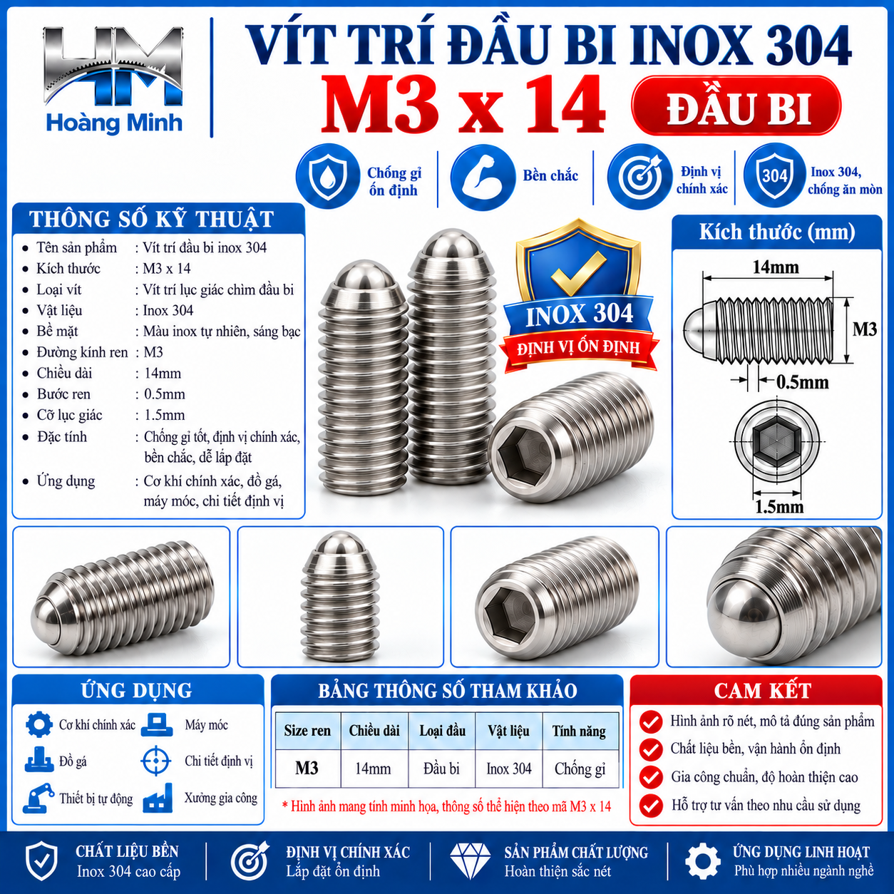 Vít trí đầu bi M3x14 inox 304