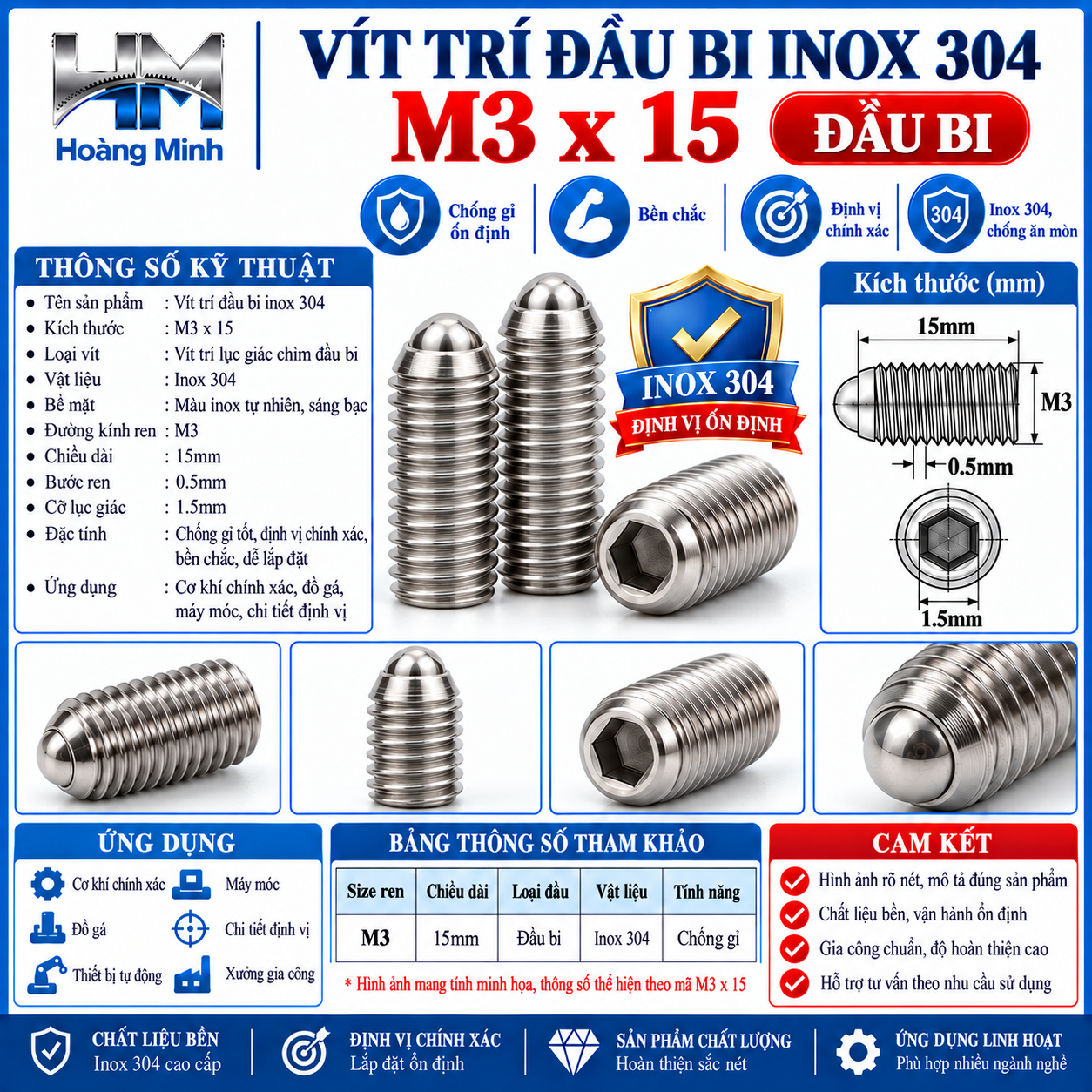 Vít trí đầu bi M3x15 inox 304