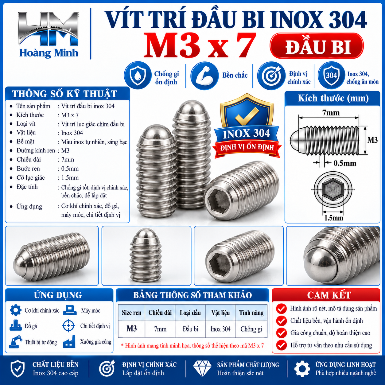 Vít trí đầu bi M3x7 inox 304