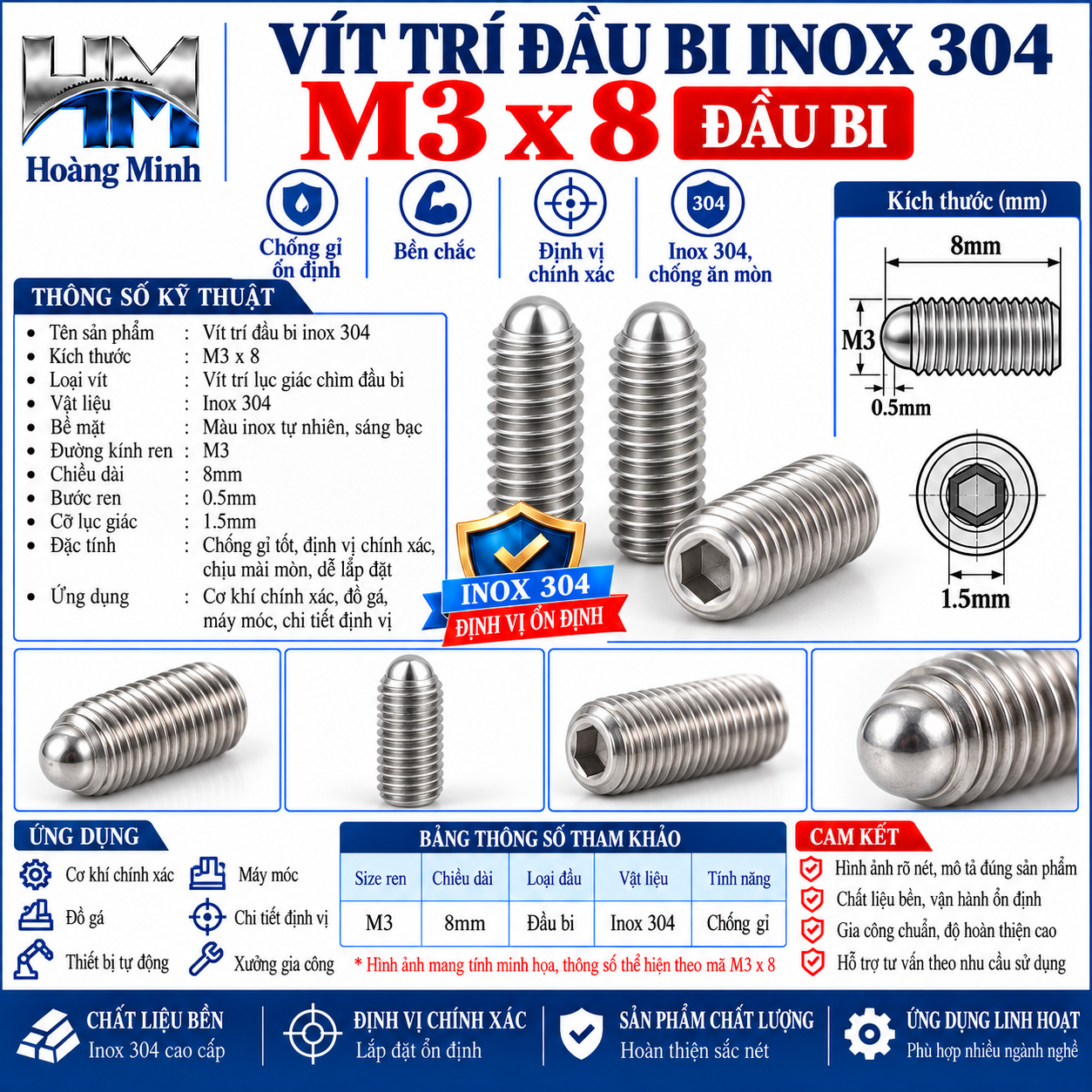 Vít trí đầu bi M3x8 inox 304
