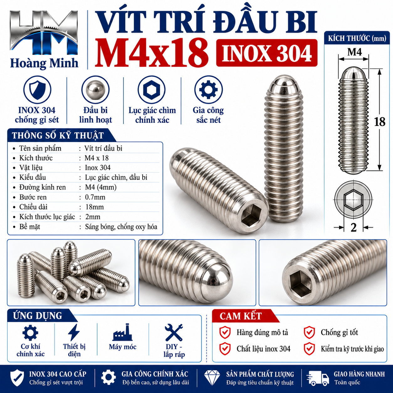 Vít trí đầu bi M4x18 inox 304