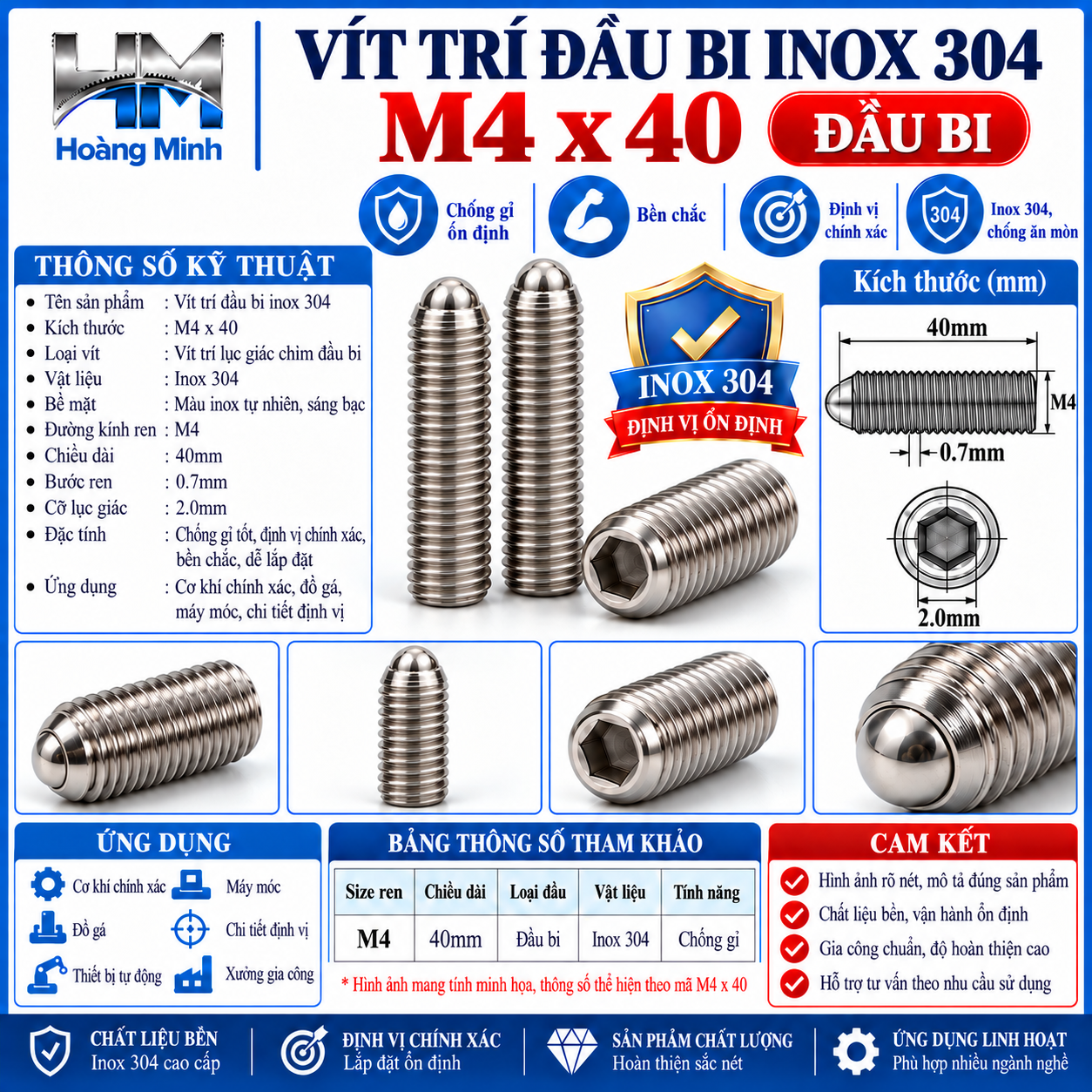 Vít trí đầu bi M4x40 inox 304