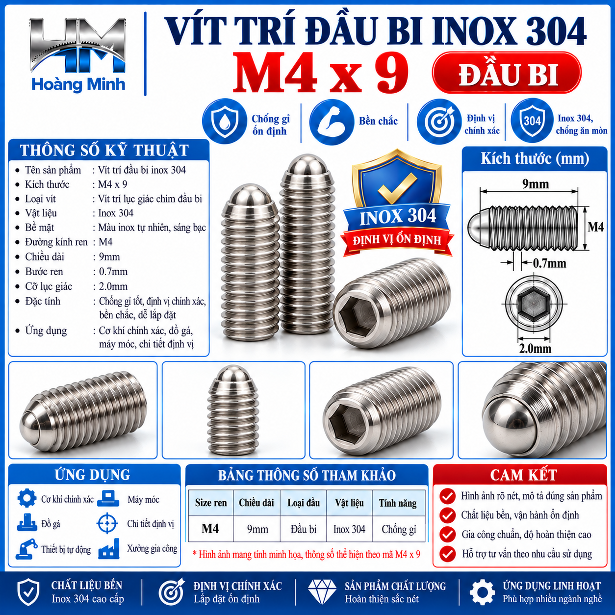 Vít trí đầu bi M4x9 inox 304