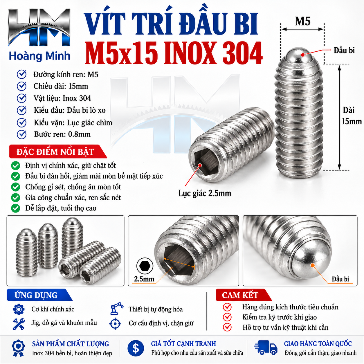 Vít trí đầu bi M5x15 inox 304