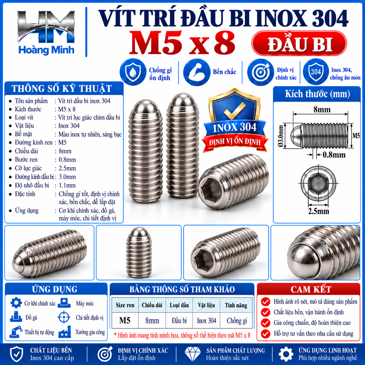 Vít trí đầu bi M5x8 inox 304