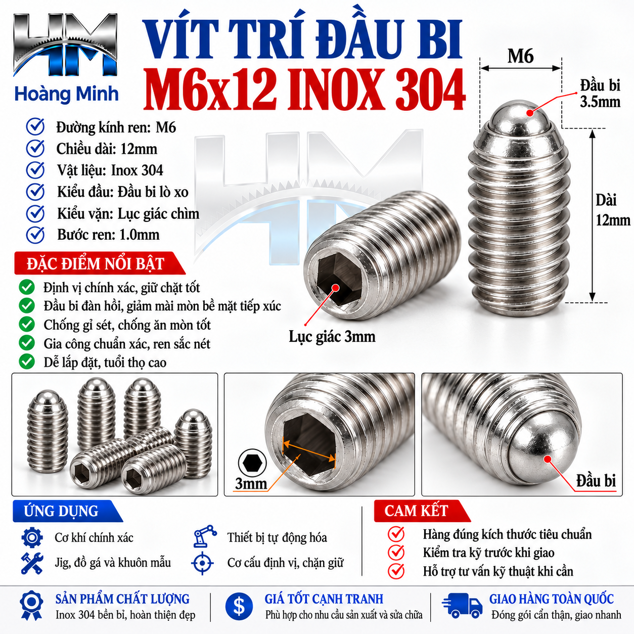 Vít trí đầu bi M6x12 inox 304