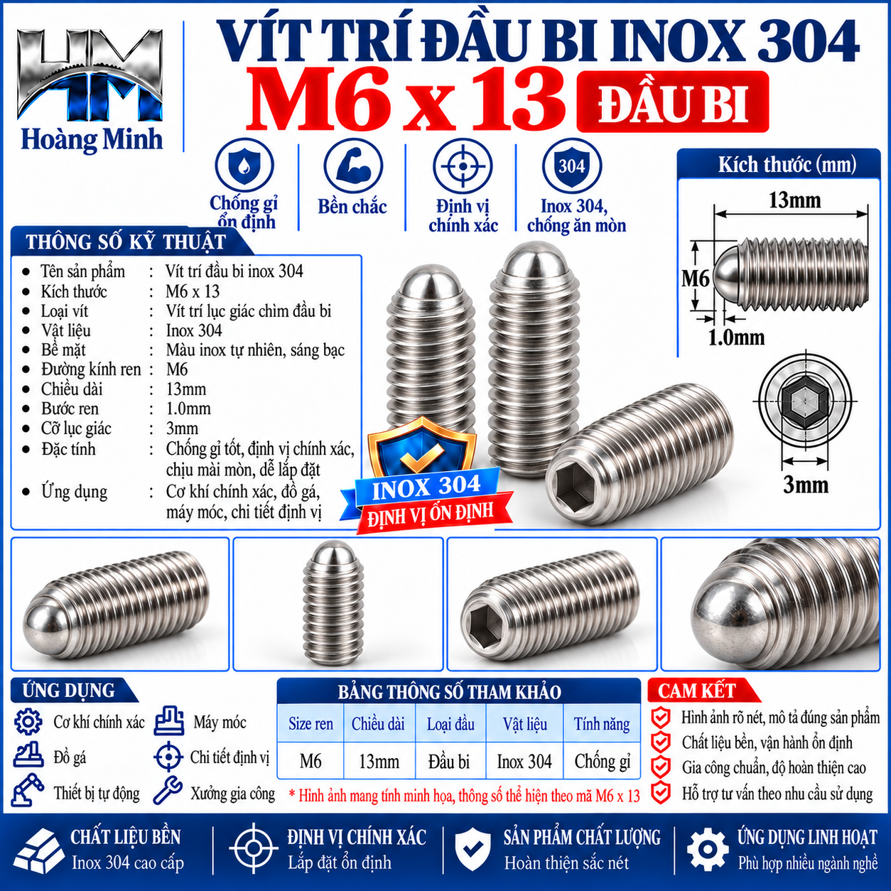 Vít trí đầu bi M6x13 inox 304