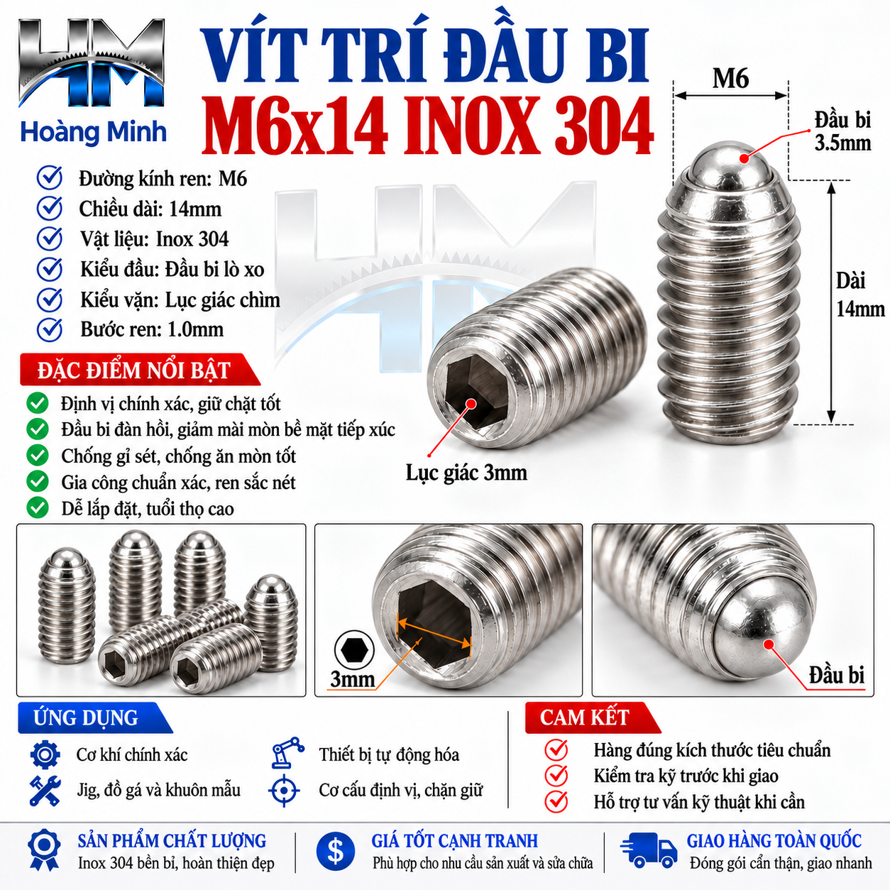 Vít trí đầu bi M6x14 inox 304