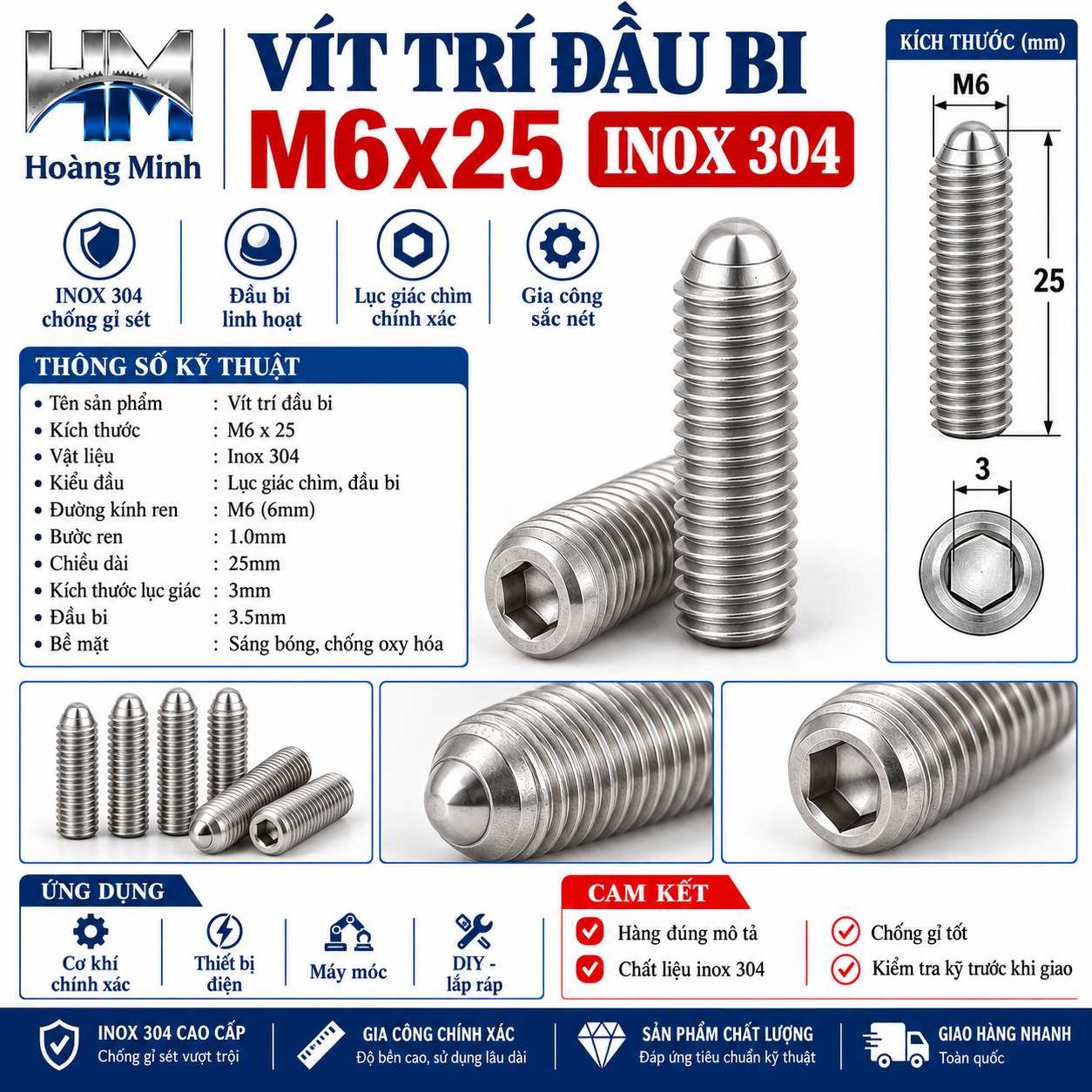 Vít trí đầu bi M6x25 inox 304