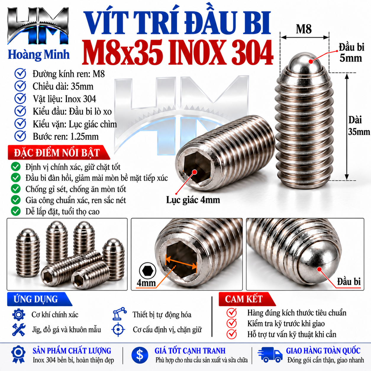 Vít trí đầu bi M8x35 inox 304
