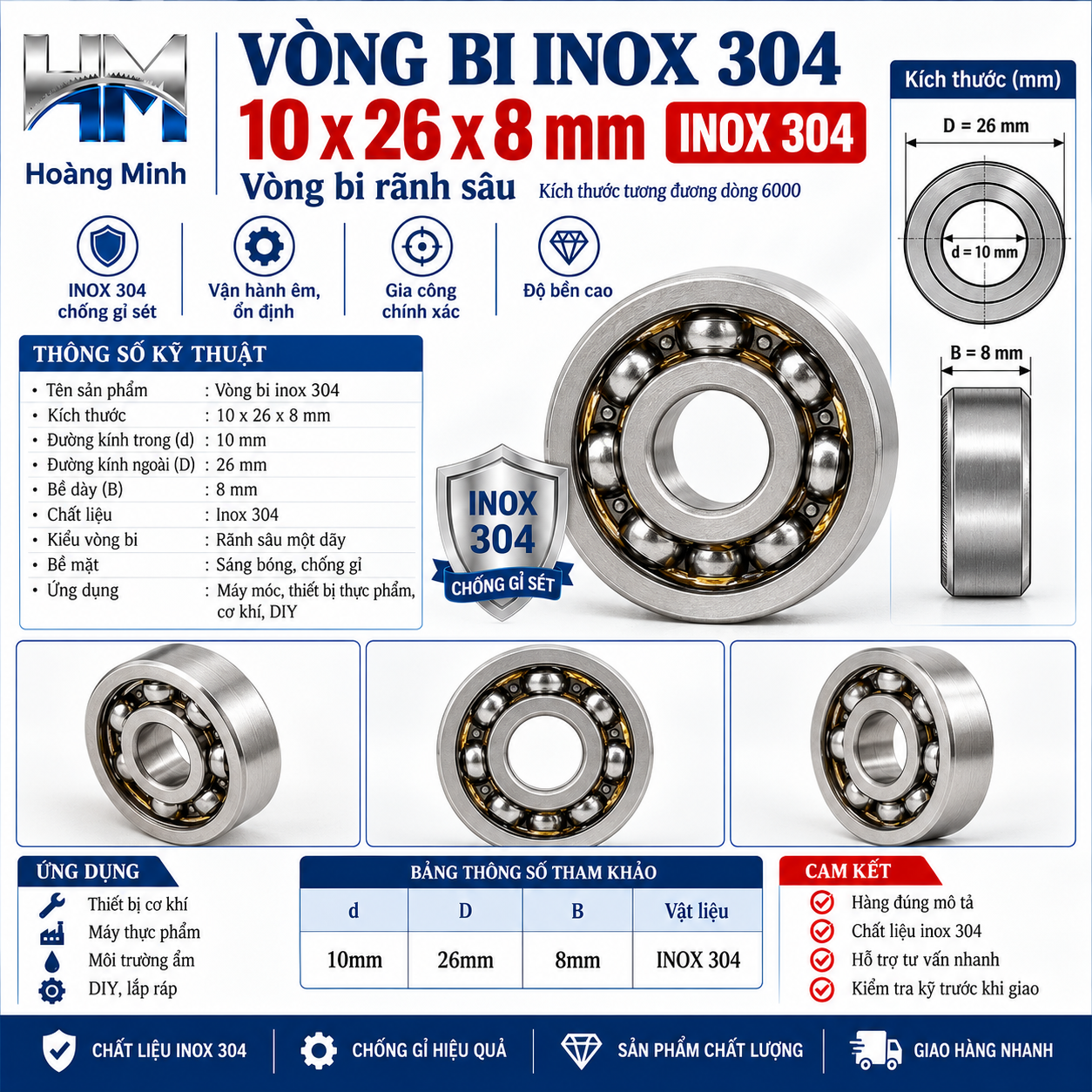 Vòng bi 10x26x8mm inox 304
