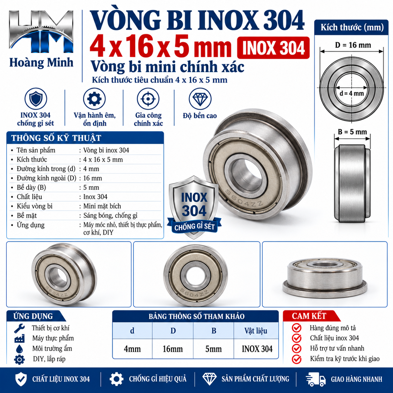 Vòng bi 4x16x5mm inox 304