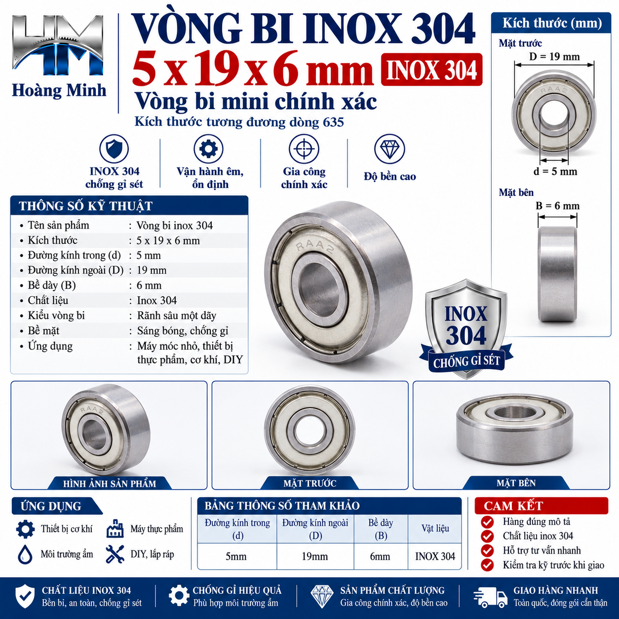 Vòng bi 5x19x6mm inox 304