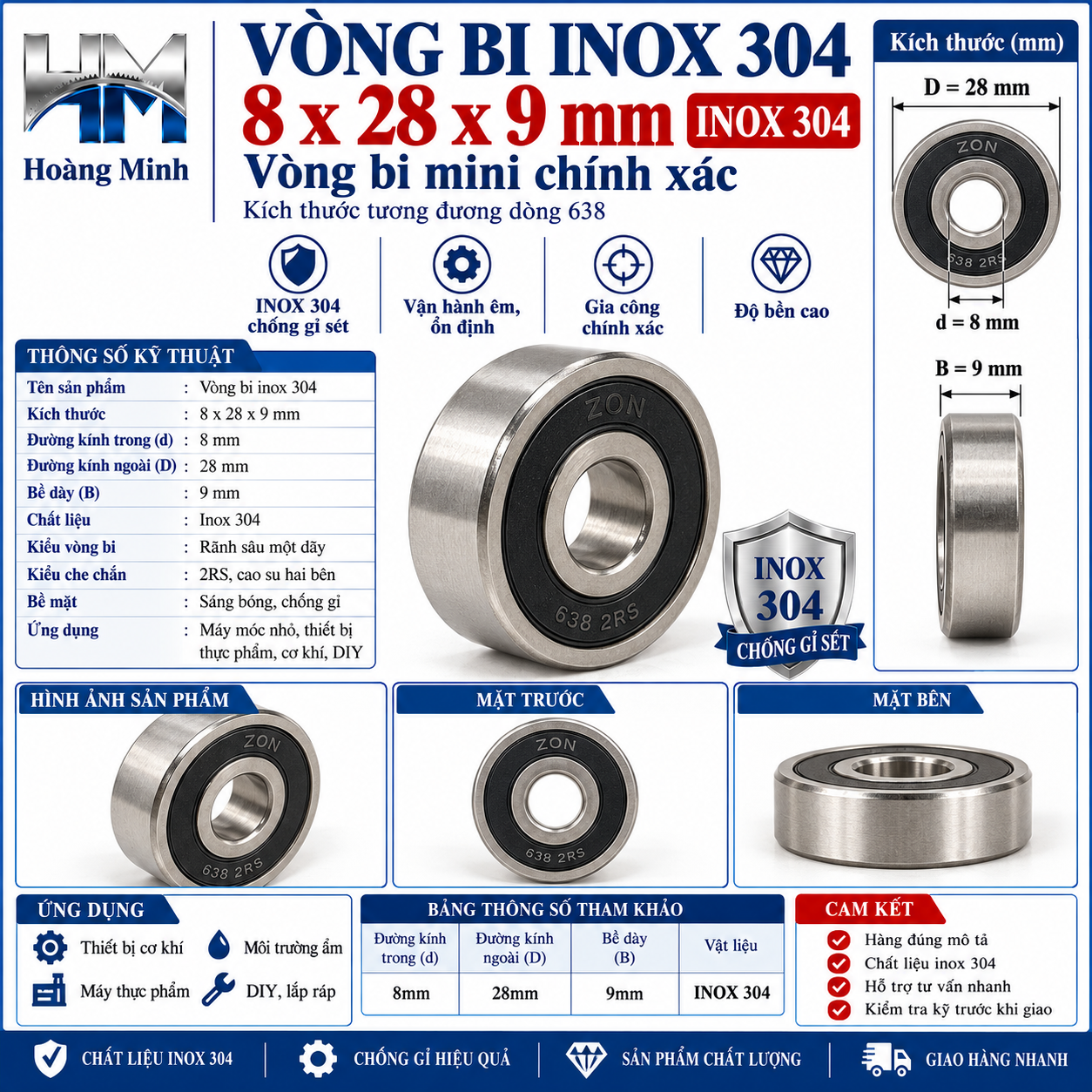 Vòng bi 8x28x9mm inox 304
